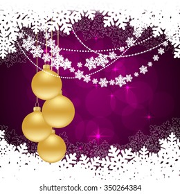 snowflakes background with hanging balls and snow. vector illustration