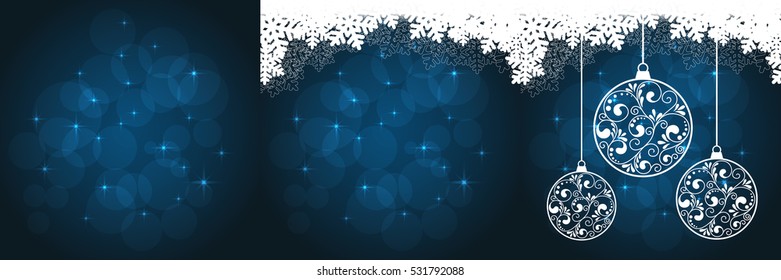 snowflakes background with hanging balls and snow. vector illustration