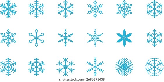 Vector aislado de fondo de copos de nieve, grupo de copos de nieve con Anuncio de estrellas, decoración de Navidades. Feliz año Nuevo 2026 líneas de onda y copos de nieve. Icono de línea delgada de invierno de congelación de nieve 