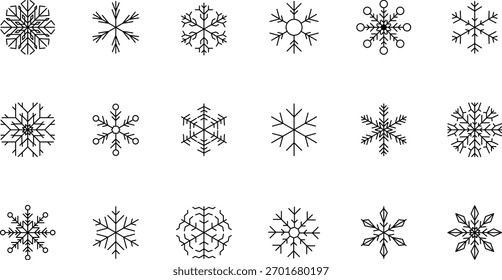 Vector aislado de fondo de copos de nieve, grupo de copos de nieve con Anuncio de estrellas, decoración de Navidades. Feliz año Nuevo 2026 líneas de onda y copos de nieve. Icono de línea delgada de invierno de congelación de nieve 
