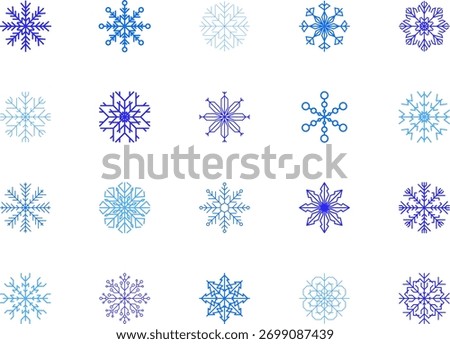 Snowflakes background isolated vector, snowflakes group with stars banner. Snowflake vector icon logo snow Xmas cartoon character symbol collection. Frost background. Christmas border decoration.