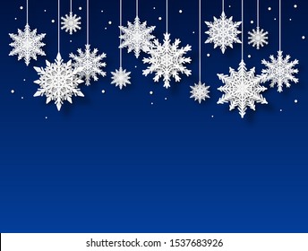 Snowflakes Background. Papercut White Snowflake Shapes On Blue Backdrop, Christmas Winter Holiday Card. Xmas Frozen Pattern Vector Snow Design Subtle Ornament Poster