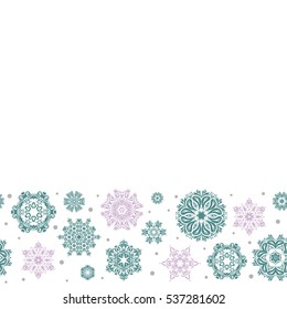 Snowflakes background with place for your text. Winter card Merry Christmas, New Year and Happy Holiday vector illustration. Christmas card with horizontal blue and gray snowflakes on white background