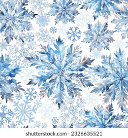 Snowflakes background. Repeated silver texture. Snow printed. Seamless pattern of watercolor snowflakes. Vector illustration