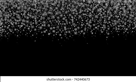 Snowflakes background. Snowfall confetti backdrop. Winter holidays poster. New Year. Christmas. Falling snow doodles. Sketch vector. Celebration design concept.