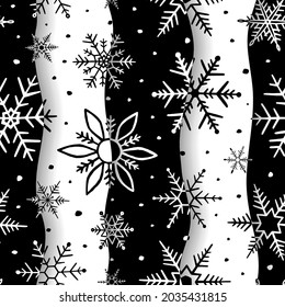 Snowflakes background. Snowflake seamless pattern. Winter design for prints. Repetition handdrawn snow printed. Snowflake patern. Repeating black and white texture printing. Vector illustration