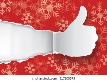 Snowflakes Background With Torn Paper Thumbs Up.
Paper Silhouette Of Thumbs Up Ripping Red Christmas Wrapping Paper With Snowflakes.Vector 
