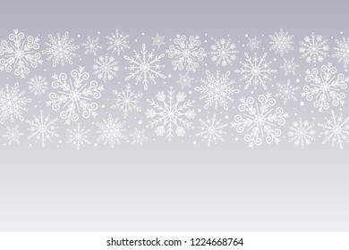 Snowflakes background. White snowflakes isolated on silver background. Hand drawn horizontal design banner. Perfect for winter designs. Vector illustration.