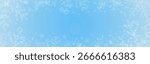 Snowflakes background. Winter blue texture with frozen effect. Christmas elegant frosty template with sparkling white bokeh and glitter snow. Holiday card or banner backdrop. Vector Illustration.