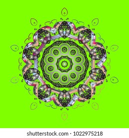 Snowflakes background. Winter card Merry Christmas, New Year and Happy Holiday vector illustration. Christmas card with green, gray and beige snowflakes on green, gray and beige colors.