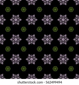 Snowflakes background. Winter card Merry Christmas, New Year 2018 and Happy Holiday vector illustration. Christmas card with neutral and green snowflakes on black background.