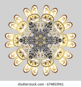 Snowflakes background. Winter card Merry Christmas, New Year and Happy Holiday vector illustration. Christmas card with golden snowflakes on gray background.