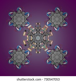 Snowflakes background. Winter card Merry Christmas, New Year and Happy Holiday vector illustration. Christmas card with purple, white and gray snowflakes on purple, white and gray colors.