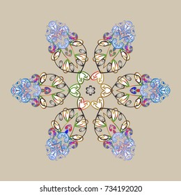 Snowflakes background. Winter card Merry Christmas, New Year and Happy Holiday vector illustration. Christmas card with beige, white and gray snowflakes on beige, white and gray colors.