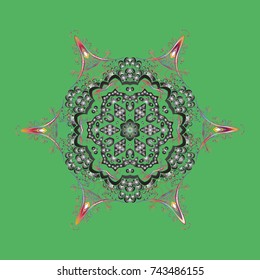 Snowflakes background. Winter card Merry Christmas, New Year and Happy Holiday vector illustration. Christmas card with green, gray and pink snowflakes on green, gray and pink colors.