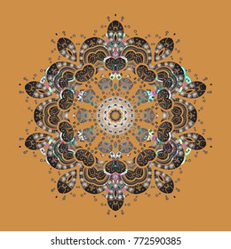 Snowflakes background. Winter card Merry Christmas, New Year and Happy Holiday vector illustration. Christmas card with orange, gray and brown snowflakes on orange, gray and brown colors.