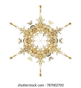 Snowflakes background. Winter card Merry Christmas, New Year and Happy Holiday vector illustration. Christmas card with white and yellow snowflakes on white and yellow colors.