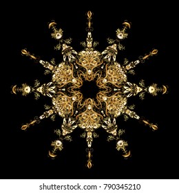 Snowflakes background. Winter card Merry Christmas, New Year and Happy Holiday vector illustration. Christmas card with black and yellow snowflakes on black and yellow colors.