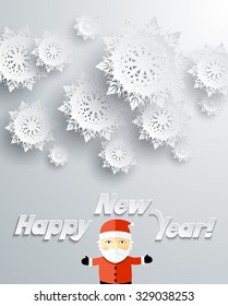 Snowflakes background for winter and New Year, christmas theme. Snow, christmas, snowflake background, snowflake winter. 3D paper snowflakes. Happy New Year. Silver snowflake and Santa Claus