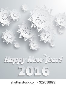 Fondo de copos de nieve para el invierno y el año Nuevo, tema de Navidad. Nieve, Navidad, fondo de copo de nieve, invierno de copo de nieve. Copos de nieve de papel 3D. Feliz año Nuevo 2016. Copo de nieve de plata. Sombra de copos de nieve