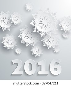 Snowflakes background for winter and new year, christmas theme. Snow, christmas, snowflake background, snowflake winter. 3D paper snowflakes. Happy New Year 2016. Silver snowflake. Snowflakes shadow