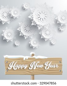 Snowflakes background for winter and new year, christmas theme. Snow, christmas, snowflake background, snowflake winter. 3D paper snowflakes. Happy New Year on wooden sign board. Silver snowflake