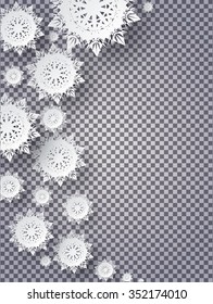 Snowflakes background for winter and New Year, christmas theme. Snow christmas, snowflake background, snowflake winter. 3D paper snowflake. Silver snowflake on transparency. Place for text transparent