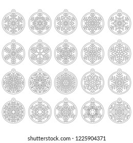 Snowflakes balls contour set. New Year and Christmas template for decoration.
