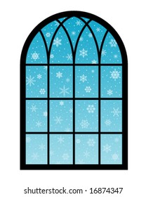 snowflakes behind a window on blue background