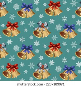 Snowflakes and bells in a pattern.Vector pattern with Christmas bells and snowflakes on a colored background.