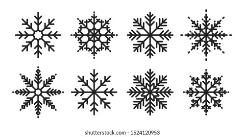 Snowflakes big set icons. Flake crystal silhouette collection. Happy new year, xmas, christmas. Snow, holiday, cold weather, frost. Winter design elements. Vector illustration.