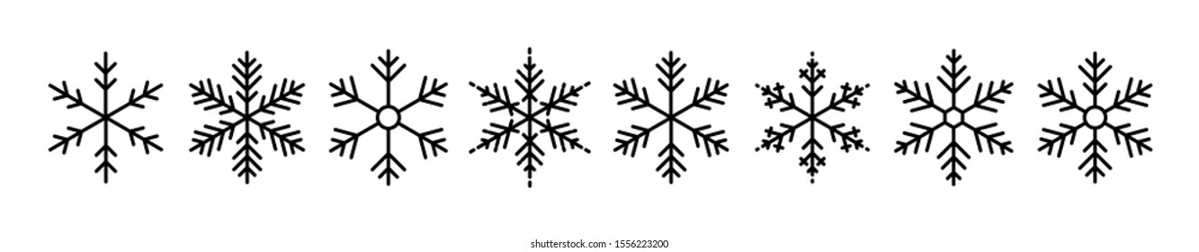 Snowflakes big set icons. Flake crystal silhouette collection. Happy new year, xmas, christmas. Snow, holiday, cold weather, frost. Winter design elements. Vector illustration.