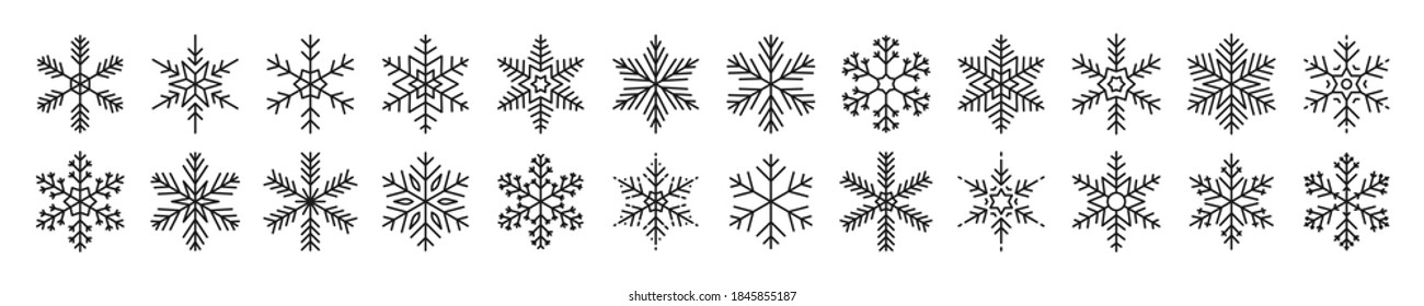 Copos de nieve grandes iconos. Colección de silueta de cristal de lago. Feliz año nuevo, Navidad. Nieve, vacaciones, frío, helada. Elementos de diseño invernal. Ilustración vectorial.