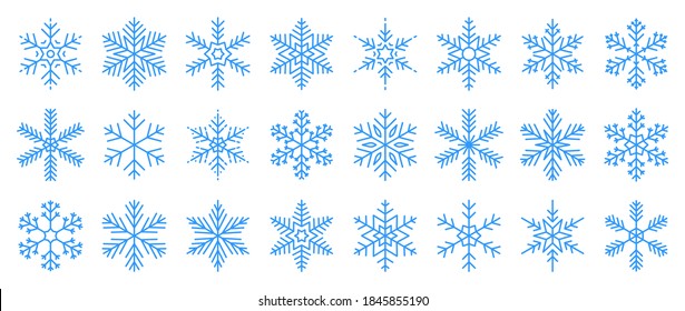 Copos de nieve grandes iconos. Colección de silueta de cristal de lago. Feliz año nuevo, Navidad. Nieve, vacaciones, frío, helada. Elementos de diseño invernal. Ilustración vectorial.