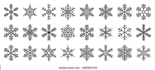 Snowflakes big set icons. Flake crystal silhouette collection. Happy new year, xmas, christmas. Snow, holiday, cold weather, frost. Winter design elements. Vector illustration.