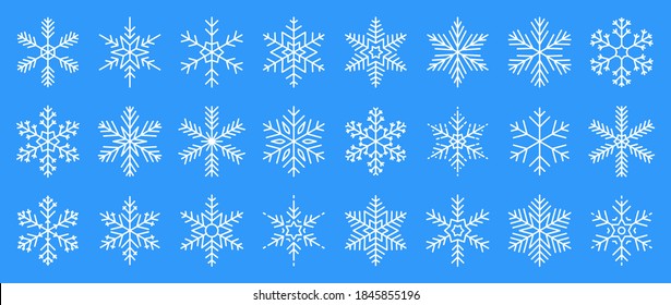 Snowflakes big set icons. Flake crystal silhouette collection. Happy new year, xmas, christmas. Snow, holiday, cold weather, frost. Winter design elements. Vector illustration.