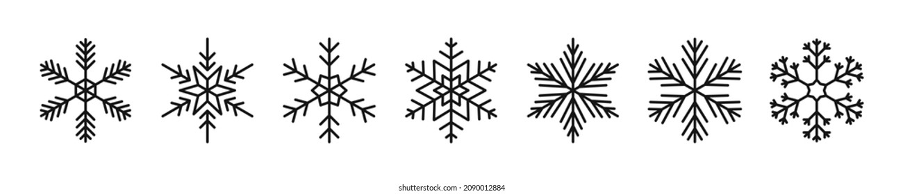 Snowflakes big set icons. Flake crystal silhouette collection. Happy new year, xmas, christmas. Snow, holiday, cold weather, frost. Winter design elements. Vector illustration.