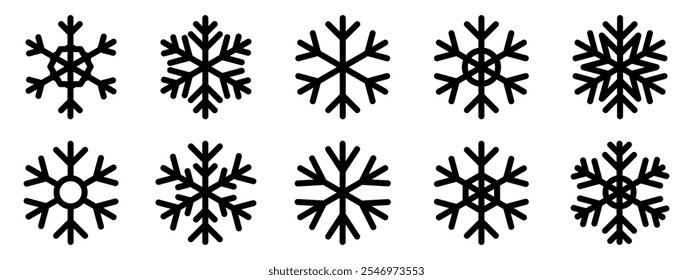 Snowflakes big set icons. Flake crystal silhouette collection. Happy new year, xmas, christmas. Snow, holiday, cold weather, frost.