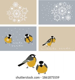 snowflakes and bird vector illustrations. Birds and snowflakes on a gray and beige background. Suitable for creating winter, holiday, New Year, Christmas textiles, backgrounds, cards, posters
