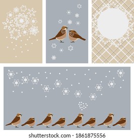 copos de nieve e ilustraciones de vectores de aves. Flores de nieve y flor de nieve sobre un fondo gris y beige. Adecuado para crear invierno, vacaciones, Año Nuevo, textiles de Navidad, antecedentes, tarjetas, carteles