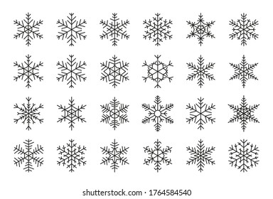 Snowflakes black line set. Different shape outline winter ice crystal. Christmas ornament symbol. Decorative template snow for event information card on New Year. Isolated on white vector illustration