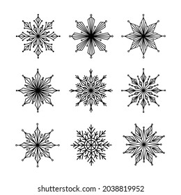 Copos de nieve negros sobre fondo blanco, iconos grandes. Feliz Navidad y año nuevo. Elementos de diseño invernal. Ilustración vectorial.