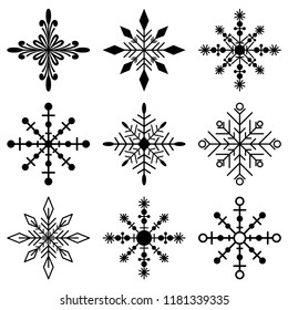 Snowflakes black silhouette vector simple icons set isolated on white background.