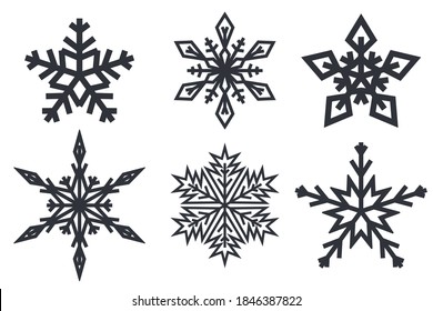 Schneeflocken. Schwarze Vorlagen mit unterschiedlichem Design. Vektorgrafik einzeln auf weißem Hintergrund