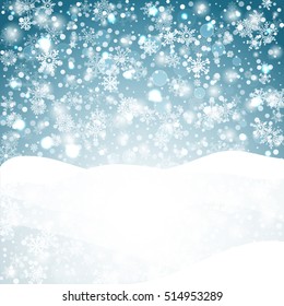 Snowflakes blue background. Geometric natural flakes shapes elements. Greetings banner winter holiday. Vector EPS10.