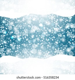 Snowflakes blue background. Geometric natural flakes shapes elements. Greetings banner winter holiday. Vector EPS10.