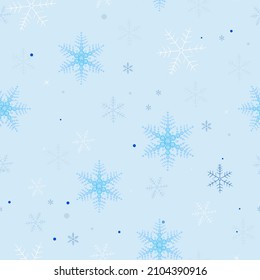Snowflakes with blue background. Seamless fabric design pattern. Happy new year, winter, children textile design pattern