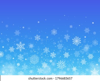 Snowflakes blue background. Winter falling snow. Christmas holiday decoration for greeting and invitation cards. Flakes of various shape and size new year template vector illustration