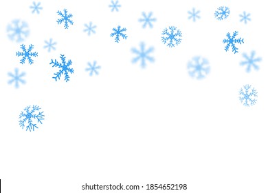 Snowflakes are blue, blurry, transparent. Vector illustration of a winter snow background. Decorative decoration for Christmas and new year. With space for text.