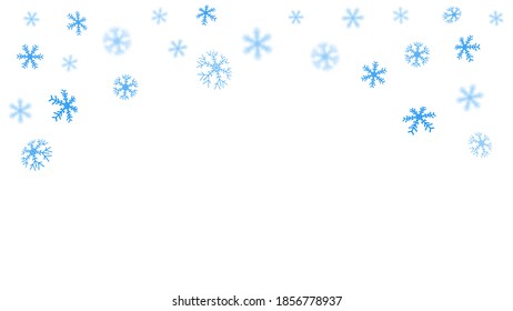 Snowflakes are blue, blurry, transparent. Vector illustration of a winter snow background. Decorative decoration for Christmas and new year. With space for text.